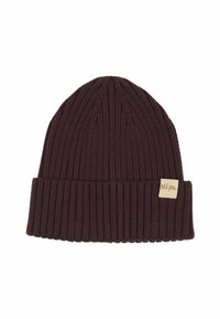 Marron beanie neulottu, jossa käänne ja pieni brändilogo. Valmistettu tekstuurilla varustetusta kankaasta, jossa on ribbikuvio.