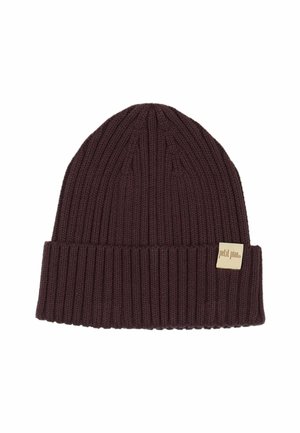 Bordeauxfarbener Strickbeanie mit umgeschlagenem Saum und kleinem Markenetikett. Hergestellt aus strukturiertem Stoff mit einem gerippten Design.