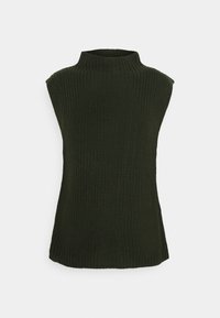 Tmavě zelený pletený tílkový top s vysokým límcem, zdobený texturovaným vzorem a rovnou lemovkou pro pohodlný střih.