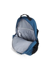 Zaino di tessuto blu con interno grigio, dotato di un compartimento principale e una tasca esterna. Cinghie e manico per il trasporto.