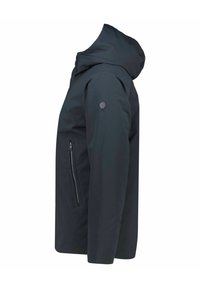 Chaqueta negra con capucha que presenta un bolsillo lateral con cremallera, textura de tela suave y un diseño moderno de corte recto.