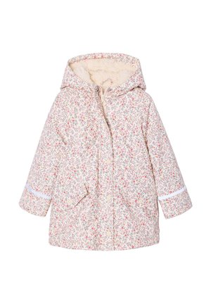 Children’s hooded jacket with pink and gray floral pattern, front pockets, zipper, buttons, and soft fleece lining.