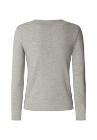 Camisola de mangas longas cinza, feita de um tecido de malha suave, apresentando um decote redondo e um corte ajustado, sem padrões ou detalhes visíveis.