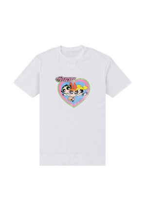Witte katoenen t-shirt met een kleurrijke hartafbeelding met drie cartoonfiguren. Het ontwerp bevat levendige patronen en tekst.
