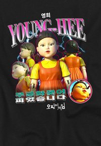 Graphic featuring a doll named Young-Hee, with a smooth skin texture, yellow dress and vibrant red accents, set against a black background.