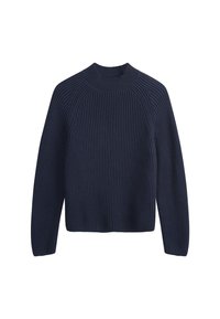 Navyblauer gerippter Strickpullover mit Rundhalsausschnitt, langen Ärmeln und verkürztem Saum. Strukturierter Stoff mit figurbetontem Schnitt.