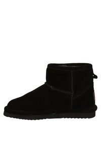 Black suede ankle boot with a rounded toe, height just above the ankle, plush interior lining, and a textured rubber sole.