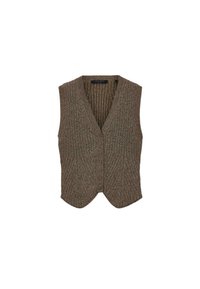 Brązowa kamizelka z ribbowanego dzianiny o dekolcie w kształcie litery V, bez rękawów i spiczastym dole. Posiada teksturowany wzór oraz gładką podszewkę.