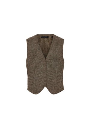 Gilet en tricot côtelé marron avec un décolleté en V, sans manches et à ourlet pointu. Présente un motif texturé et une doublure intérieure unie.