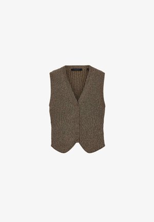 Gilet en tricot côtelé marron avec un décolleté en V, sans manches et à ourlet pointu. Présente un motif texturé et une doublure intérieure unie.