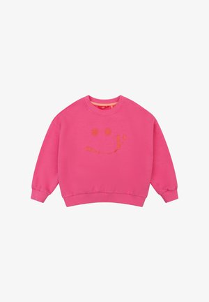 Roze sweatshirt gemaakt van katoenen fleece. Voorzien van een grafiek met een glimlachend gezicht en zonnesdetails in een lichtere tint. Geribbelde boorden en zoom.