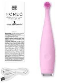 Rosa silikon elektrisk tandborste med ett rundat, avlångt handtag, texturerat borsthuvud, tillsammans med en vit USB-laddningskabel och bruksanvisning.