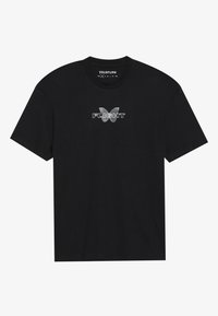 Black cotton t-shirt featuring a butterfly graphic with the word "FLIGHT" in bold letters across the front. Short sleeves and crew neck.