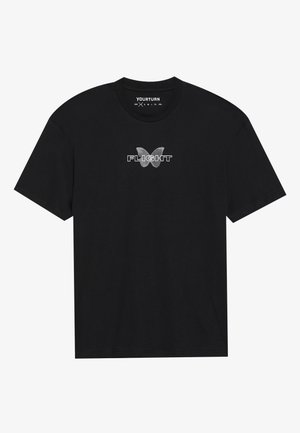 Black cotton t-shirt featuring a butterfly graphic with the word "FLIGHT" in bold letters across the front. Short sleeves and crew neck.