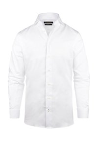 Weißes Langarmhemd mit Button-Down-Kragen, vorderer Knopfleiste mit Knöpfen und einem glatten, strukturierten Baumwollstoff.