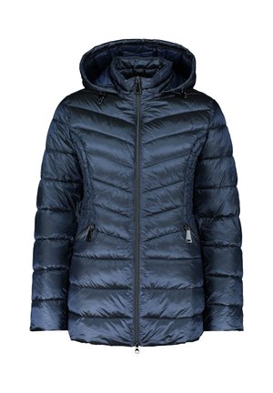 Veste matelassée isolante bleu marine avec capuche, présentant un design à chevrons, des poches latérales zippées et une fermeture éclair à l'avant.