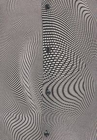 Camicia a fantasia bianca e nera con linee ondulate. Presenta bottoni neri lungo la parte anteriore, creando un effetto visivo testurizzato.