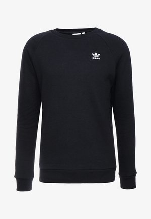 Sweat-shirt noir à manches longues avec col rond, petit logo Adidas blanc sur le haut à gauche de la poitrine, poignets et ourlet côtelés.
