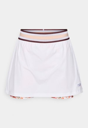 Λευκή αθλητική φούστα με πλέγμα στη μέση σε καφέ, μπεζ και κρεμ χρώματα. Διαθέτει εσωτερικά σορτσάκια με floral σχέδιο που είναι ορατά στο τελείωμα.