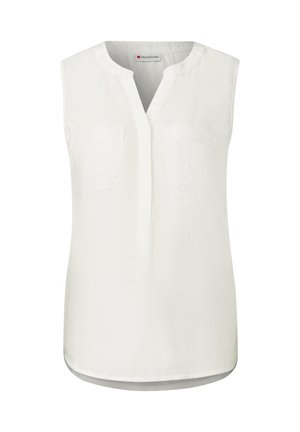 Witte mouwloze blouse met een V-hals, twee borstzakken en een iets gebogen zoom. Gemaakt van lichtgewicht, soepele stof.