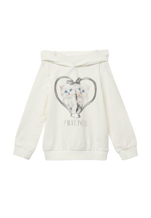 Witte hoodie met een frontgrafiek van twee kittens in een hart, zilveren tekst "VRIENDEN" en een strikdetail. Zachte stof met geribde mouwen.