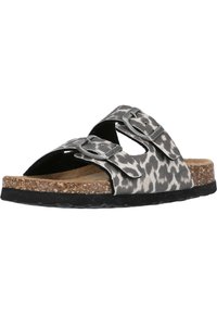 Kork-såls slide sandal med ett överdel i grå och svart leopardmönster, justerbara metallspännen och två breda remmar.