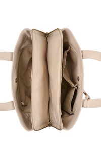 Lichtbeige handtas met twee ruime compartimenten, een ritssluiting en een soepele leren textuur. Veilige sluiting met rits en knop.