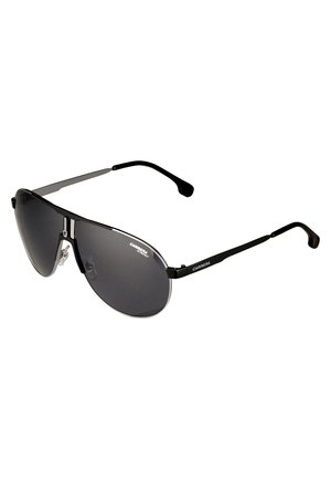 Occhiali da sole aviator con lenti nere sfumate, montatura in metallo nero sottile e supporti per il naso. Logo del marchio esposto sulle tempie.