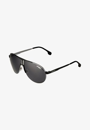 Occhiali da sole aviator con lenti nere sfumate, montatura in metallo nero sottile e supporti per il naso. Logo del marchio esposto sulle tempie.