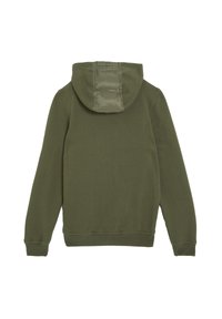 Grüne Kapuzenjacke mit langen Ärmeln und einem gepolsterten Einsatz auf der Rückseite der Kapuze, von hinten gezeigt.