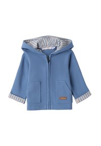 Felpa blu realizzata in tessuto strutturato, con zip frontale, due tasche a toppa e fodera a righe in crema e blu chiaro.