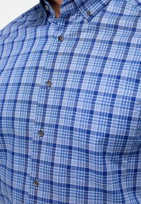 Blauw geruit overhemd met variërende tinten blauw en witte ruiten, met een button-down kraag en donkere knopen langs de strook.