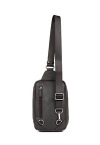 Borsa a tracolla in pelle marrone scuro con superficie texture, tracolla in nylon regolabile, tasca con zip e dettagli in metallo.