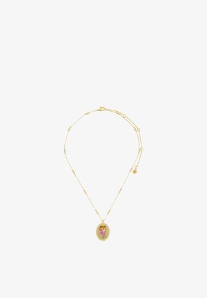 Goldene Halskette mit einem ovalen Anhänger, der ein florales Design in Pink und Grün zeigt. Die Kette hat kleine dekorative Perlen und einen Karabinerverschluss.