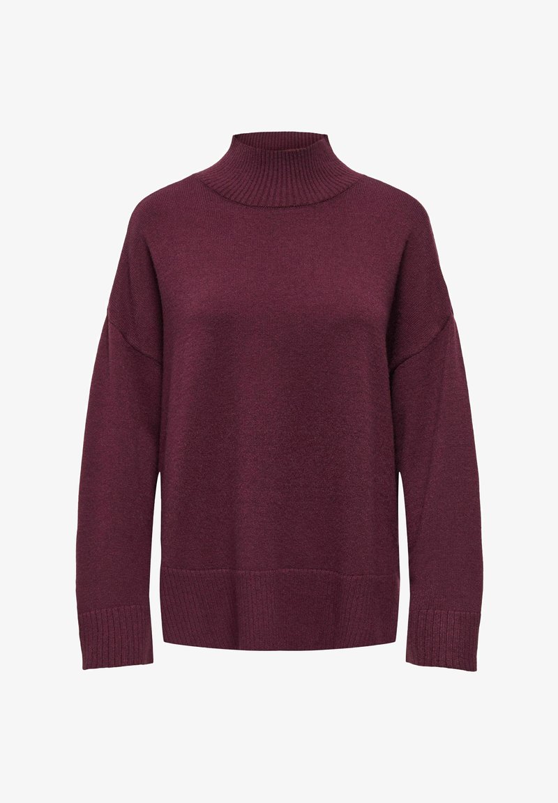 Pull à manches longues violet foncé avec col montant côtelé, poignets et ourlet côtelés, présenté sur fond blanc uni.