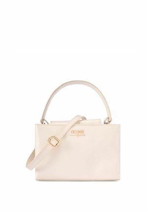 Beżowa prostokątna torebka z górnym uchwytem i regulowanym paskiem na ramię, z małym złotym logo z przodu.