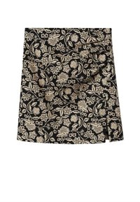 Falda negra con un intrincado patrón floral en beige, con un diseño de envoltura y un ligero dobladillo asimétrico. Acabado textil suave.