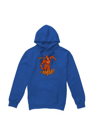 Blue hoodie with front kangaroo pocket, featuring orange comic-style Flash character running and bold text "The Flash!" on chest.