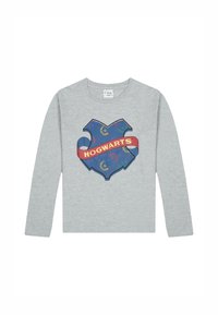 Maglietta grigia a maniche lunghe con emblema blu di Hogwarts, nastrino rosso e accenti colorati. Realizzata in morbido tessuto di cotone.