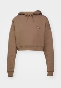 Brun kortärmad hoodie med långa ärmar, dragsko i huvan, ribbade muddar och nederkant, samt en liten rektangulär logotyp på bröstet.