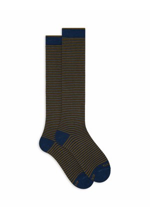 Calze al ginocchio a righe marroni e blu realizzate in materiale tricot morbido, con polsini in tinta unita e dettaglio del dito rinforzato.