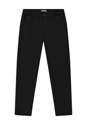 Zwarte broek met rechte pijpen, voorzien van knoop- en ritssluiting, riemlussen en zijzakken, met het label "Cars Jeans" op de tailleband.