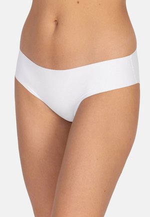 Woman wearing seamless white hipster-style underwear, shown from mid-torso to upper thighs against a plain background.