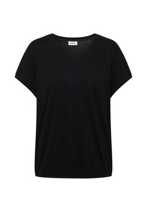 Blusa negra de manga corta con escote redondo, detalles sutiles en los hombros y corte relajado de la marca Cecil.