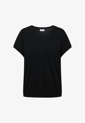 Blouse noire à manches courtes avec encolure ronde, détails subtils sur les épaules et coupe décontractée de la marque Cecil.