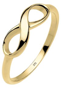 Guld ring med design af en uendelighedssymbol. Glat, poleret finish, med en tynd, afrundet ring. Stemplet med "375" for guldets renhed.