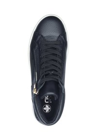 Baskets montantes en cuir noir avec surface texturée, semelle blanche et accent en zip doré. Dispose de lacets et d'un logo à l'intérieur.