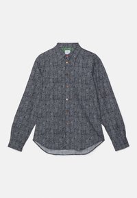 Langarm shirt in marineblauw met wit geometrisch patroon, kraaghals, knoopsluiting en afgeronde zoom. Lichtgewicht stof.