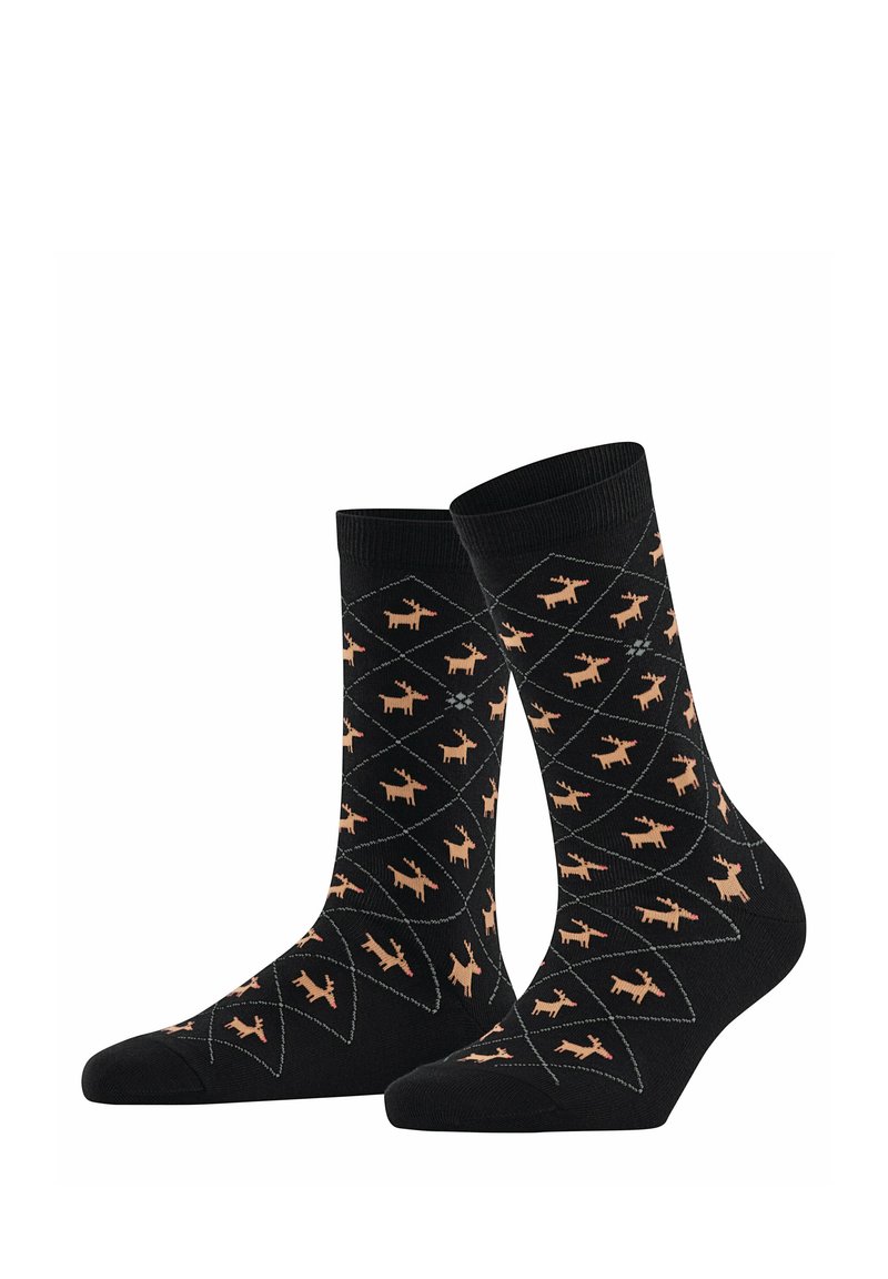 Calzini neri con motivo a rombi e motivi di alci marrone chiaro. Realizzati in cotone con una texture liscia e punta rinforzata.