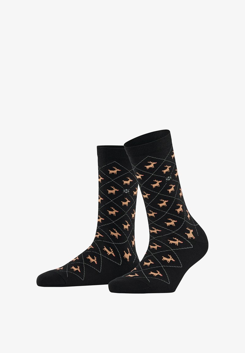 Czarne skarpetki z wzorem w diamenty z jasnobrązowymi motywami łosia. Wykonane z bawełny, o gładkiej fakturze i wzmocnionym palcem.